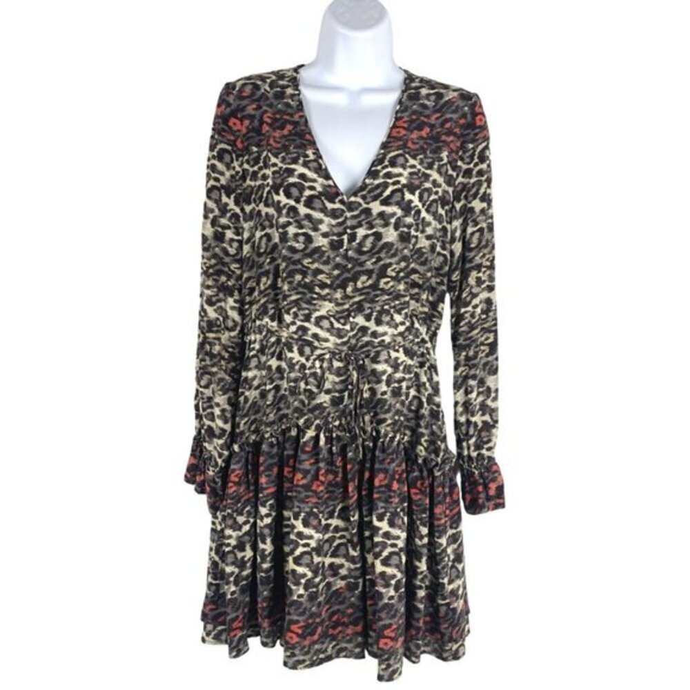 All Saints Alia Juba Dress Silk Animal Print Long‎ Sleeve V-Neck Women's XS